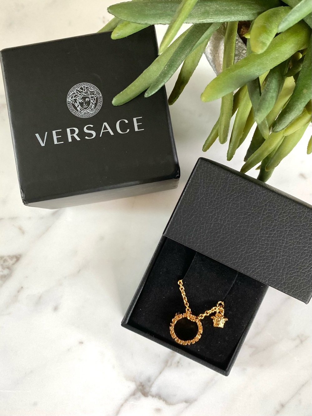 VERSACE - Gold Tone Logo & Medusa Ring Charm Pendant Necklace